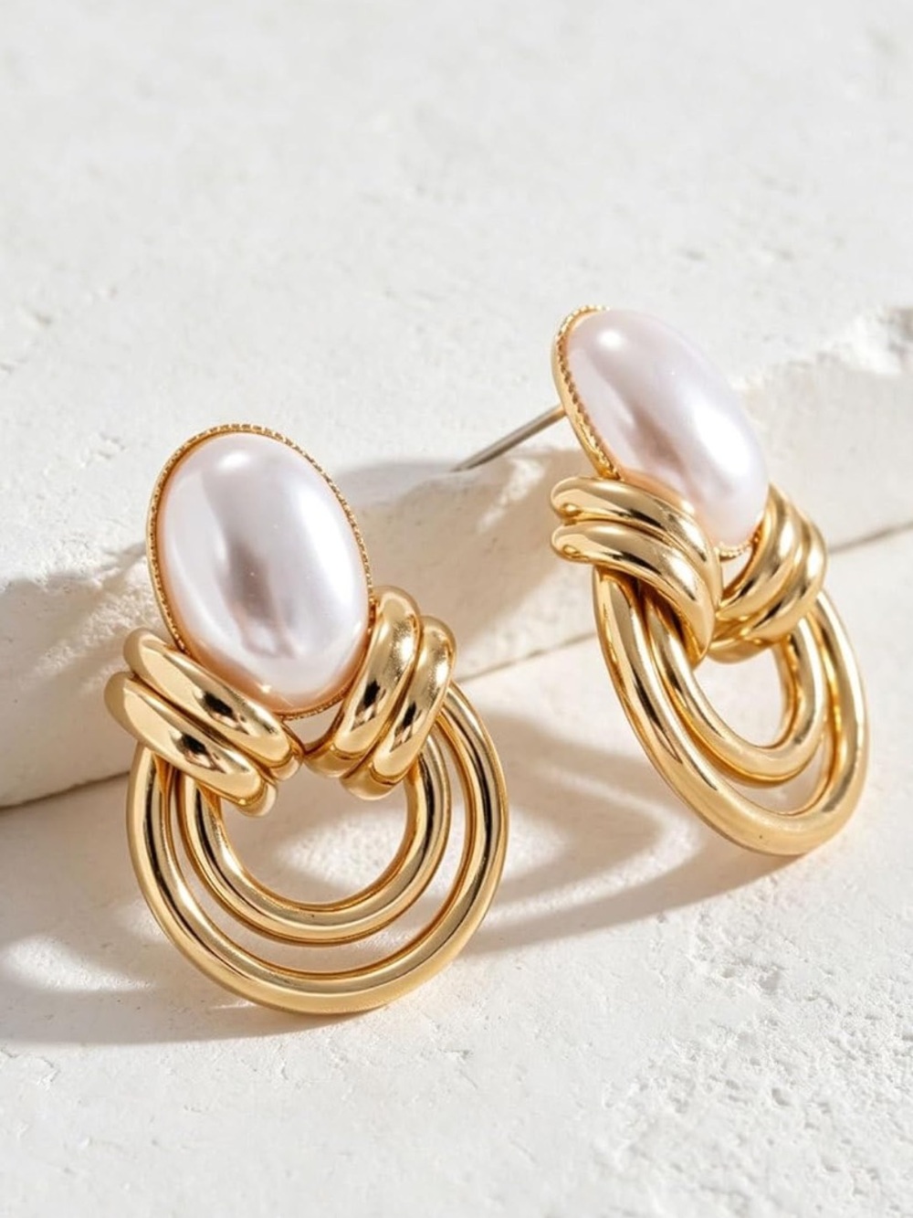 Anthropologie Gold Tone and White Pearl Hoop Drop Earrings